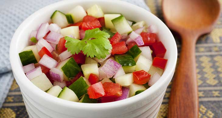 Mixed Vegetable Curd Salad (Vellarikkai-Thakkali-Vengaya Pachadi)