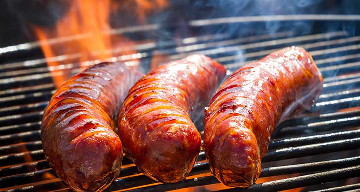 Grilled Sausages with Peas & Garlic Mash