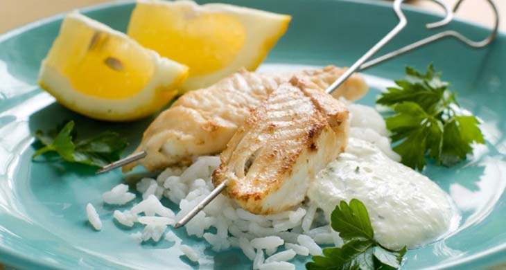 Fish Kebabs with Lemon Rice